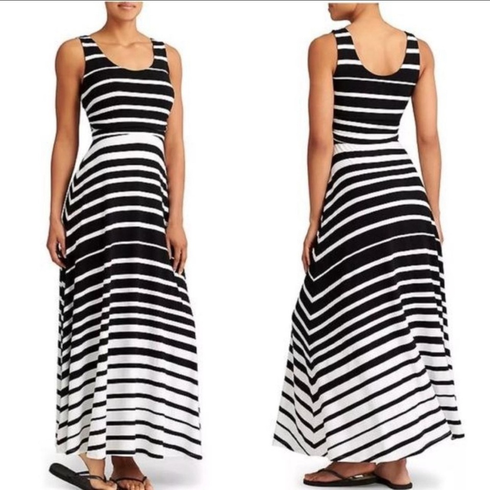 Athleta Maxi Dress Black White Stripe Tank Sleeveless Small Athleisure Preppy